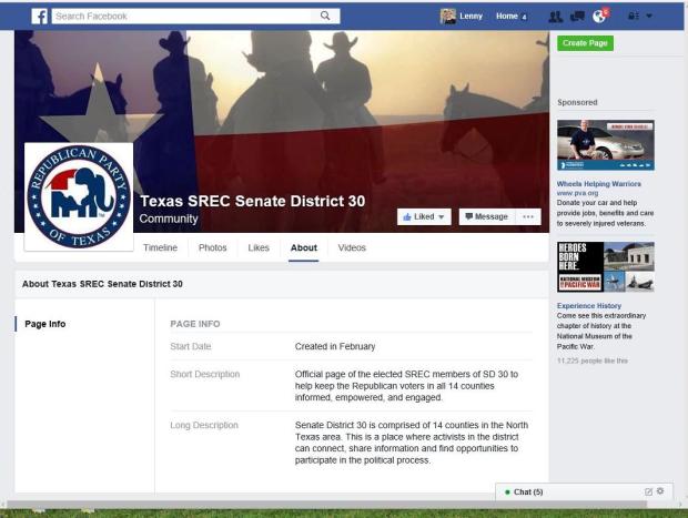 This is a copy of the official Texas Republican Party SREC Facebook page for Senate District 30.